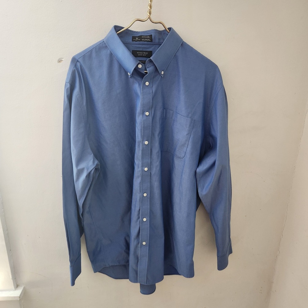 Nordstrom Mens Shop Smartcare Blue Wrinkle Free Cotton Dress Shirt 17 35 XL
